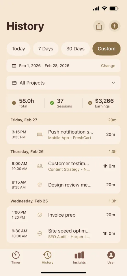 Hourly work history on iPhone