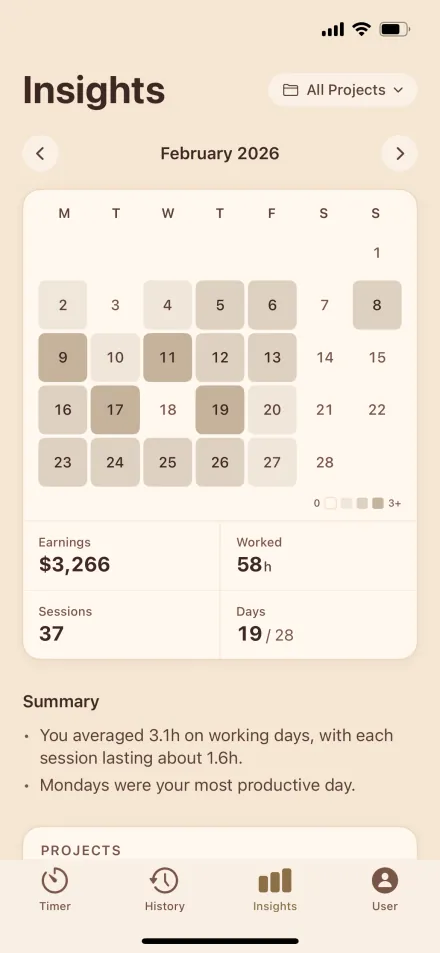 Hourly charts of hours and earnings on iPhone