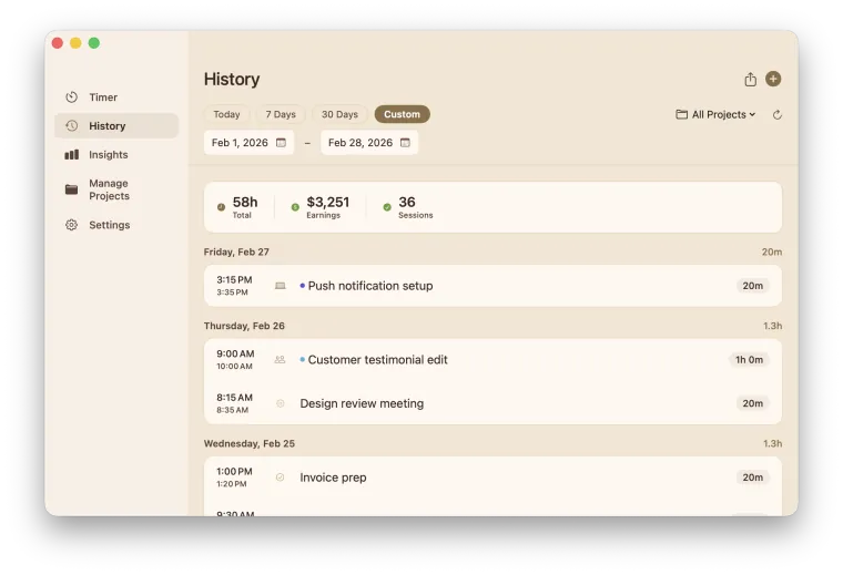 Hourly work history on Mac