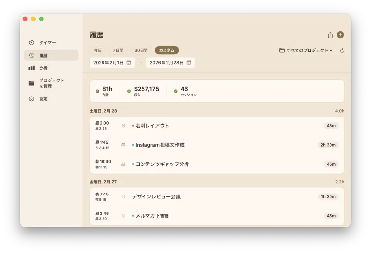 Mac版Hourlyの作業履歴
