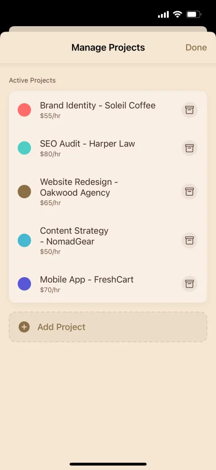 Hourly project list with hourly rates on iPhone