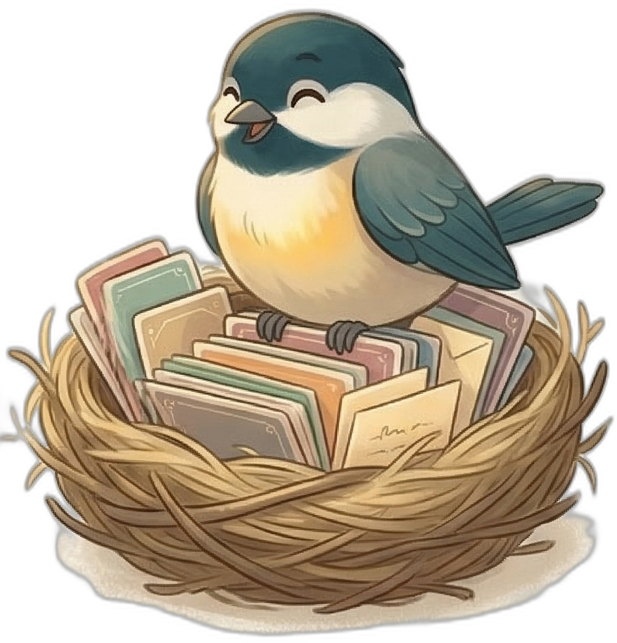 Bird on nest with cards