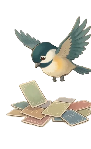 Chickadee searching through scattered bookmarks