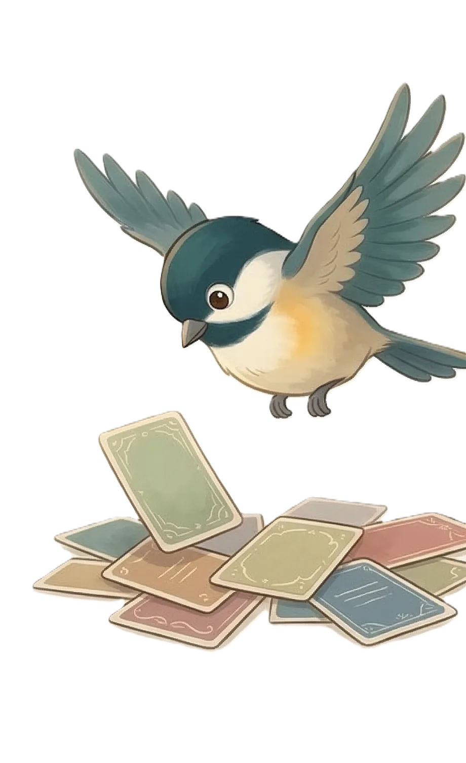 Chickadee searching through scattered bookmarks