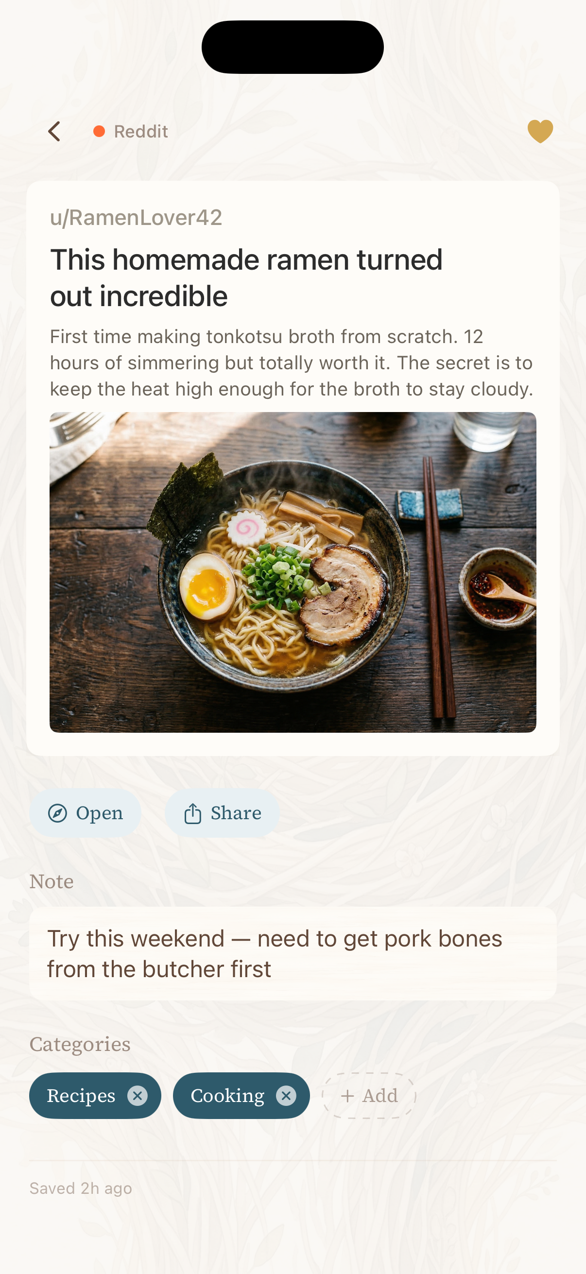 Picki saved post detail view with notes